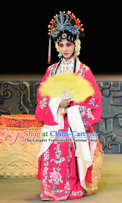 Chinese Sichuan Opera Diva Xi Hui Garment Costumes and Hair Accessories Qing Yun Palace Traditional Peking Opera Princess Consort Rosy Dress Apparels