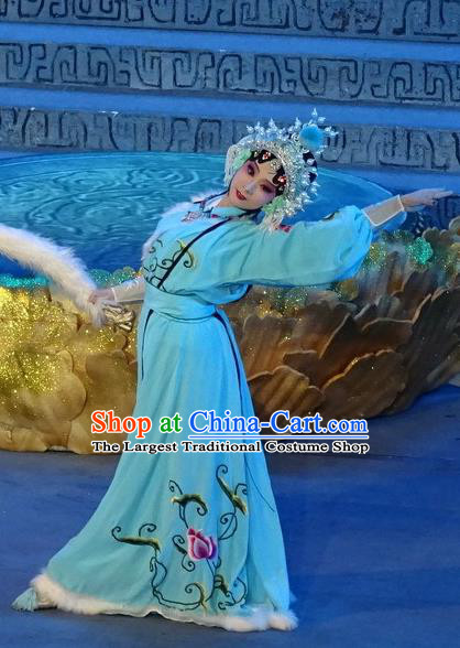 Chinese Sichuan Opera Young Lady Garment Costumes and Hair Accessories Qing Yun Palace Traditional Peking Opera Xiaodan Miao Jinhua Blue Dress Apparels