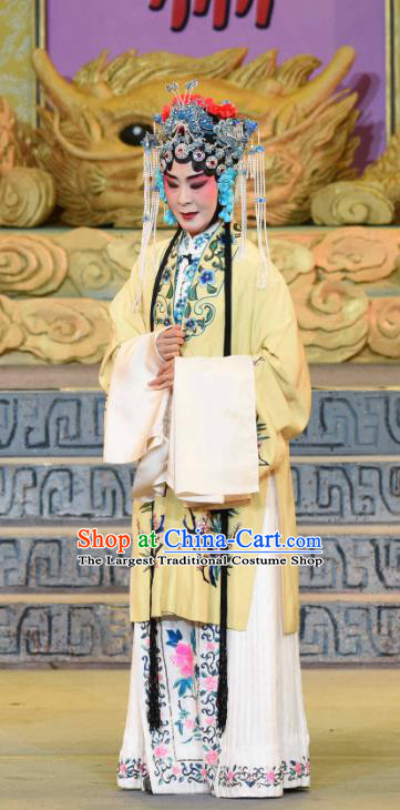 Chinese Sichuan Opera Empress Garment Costumes and Hair Accessories Qing Yun Palace Traditional Peking Opera Queen Yellow Dress Apparels