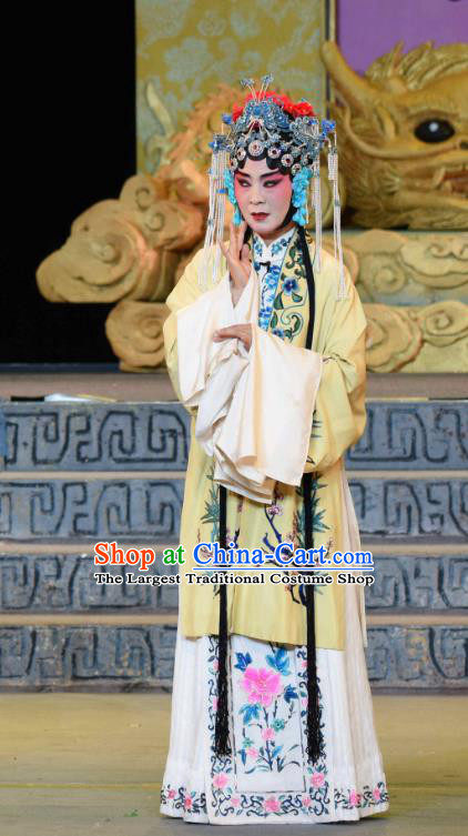 Chinese Sichuan Opera Empress Garment Costumes and Hair Accessories Qing Yun Palace Traditional Peking Opera Queen Yellow Dress Apparels