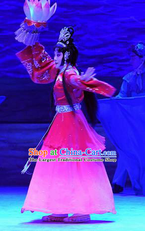 Chinese Beijing Opera Actress Hua Tan Apparels Costumes and Headpieces Traditional Peking Opera Ma Zu Goddess Lin Moniang Red Dress Garment