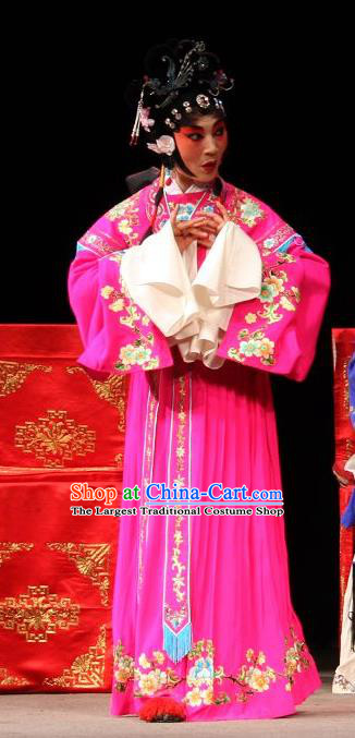 Chinese Sichuan Opera Young Female Ke Baozhu Garment Costumes and Hair Accessories Yu He Qiao Traditional Peking Opera Actress Rosy Dress Hua Tan Apparels