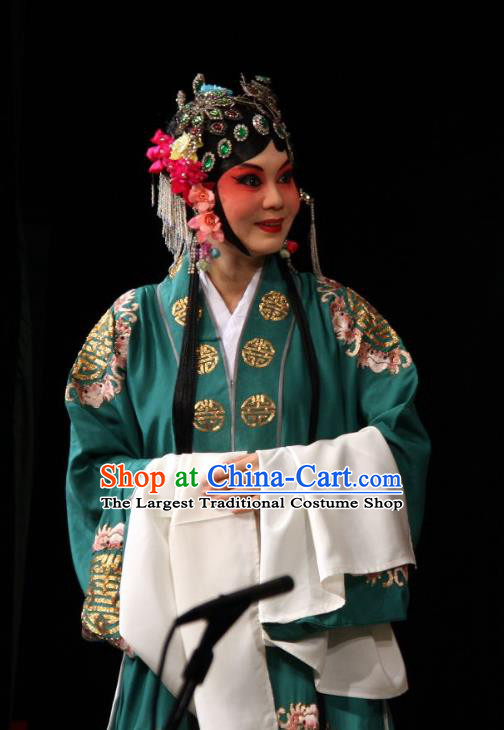 Chinese Sichuan Opera Elderly Female Garment Costumes and Hair Accessories Yu He Qiao Traditional Peking Opera Dame Green Dress Consort Apparels