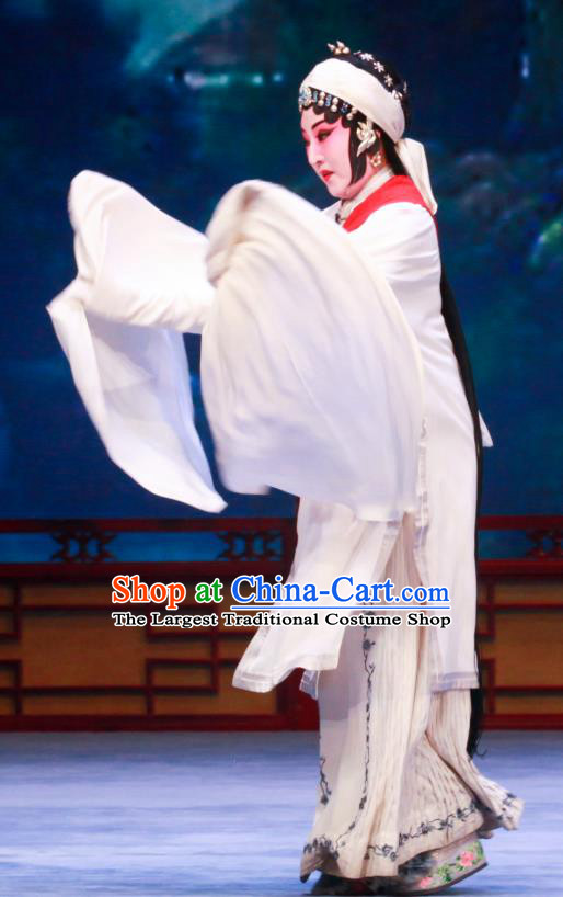 Chinese Ping Opera Distress Maiden Apparels Costumes and Headpieces Shao Gu Ji Traditional Pingju Opera Young Female White Dress Garment