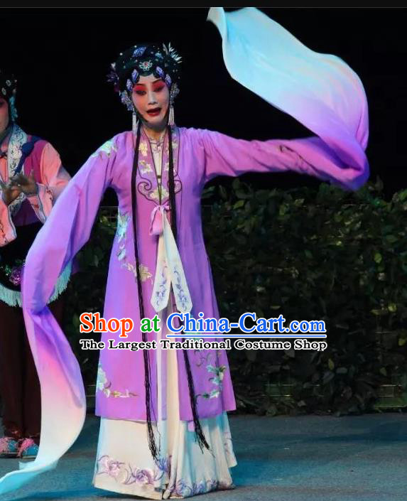 Chinese Sichuan Opera Actress Purple Garment Costumes and Hair Accessories Mother of Mu Lian Traditional Peking Opera Young Female Dress Hua Tan Apparels