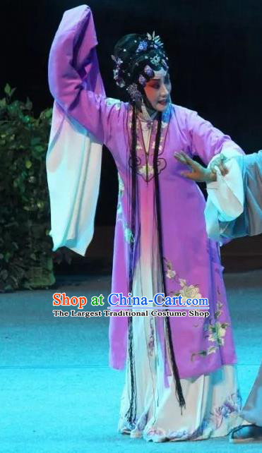 Chinese Sichuan Opera Actress Purple Garment Costumes and Hair Accessories Mother of Mu Lian Traditional Peking Opera Young Female Dress Hua Tan Apparels