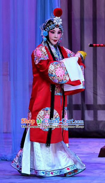 Chinese Beijing Opera Hua Tan Red Apparels Costumes and Headpieces Traditional Peking Opera Mrs Anguo Actress Liang Hongyu Dress Garment