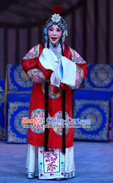 Chinese Beijing Opera Hua Tan Red Apparels Costumes and Headpieces Traditional Peking Opera Mrs Anguo Actress Liang Hongyu Dress Garment