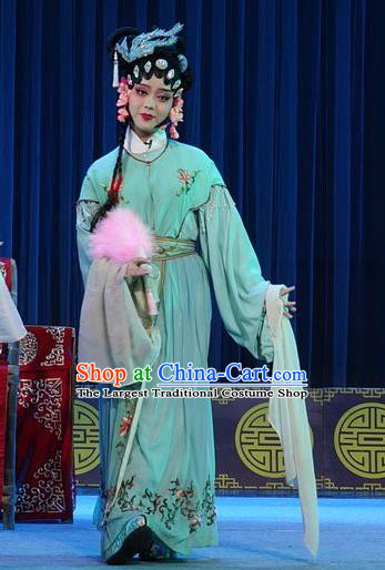 Chinese Sichuan Opera Young Lady Wang Ruilan Garment Costumes and Hair Accessories Shuang Bai Yue Traditional Peking Opera Hua Tan Green Dress Diva Apparels