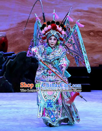 Chinese Beijing Opera Female General Kao Armor Suit with Flags Apparels Costumes and Headpieces Traditional Peking Opera Mrs Anguo Swordswoman Liang Hongyu Garment
