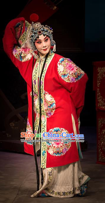 Chinese Beijing Opera Diva Liang Hongyu Apparels Costumes and Headpieces Traditional Peking Opera Mrs Anguo Hua Tan Red Dress Garment