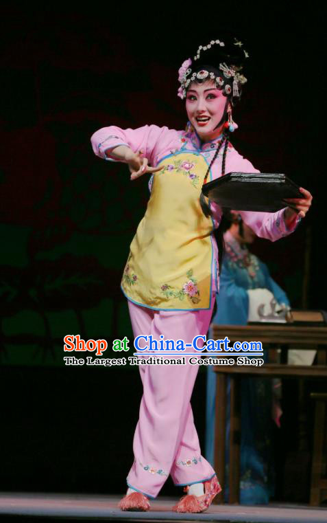 Chinese Sichuan Opera Maid Lady Garment Costumes and Hair Accessories He Zhu Pei Traditional Peking Opera Xiaodan Dress Servant Girl Apparels