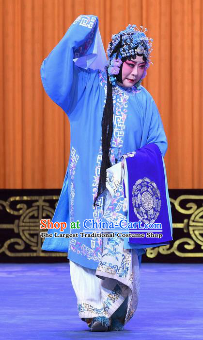 Chinese Beijing Opera Diva Meng Yuehua Apparels Costumes and Headpieces Traditional Peking Opera Yu Bei Pavilion Young Female Blue Dress Garment