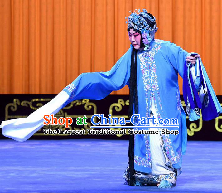 Chinese Beijing Opera Diva Meng Yuehua Apparels Costumes and Headpieces Traditional Peking Opera Yu Bei Pavilion Young Female Blue Dress Garment