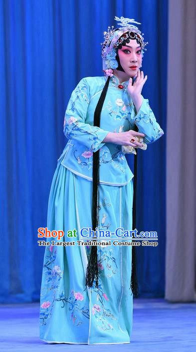 Chinese Beijing Opera Young Beauty Wang Shuying Apparels Costumes and Headpieces Traditional Peking Opera Yu Bei Pavilion Xiaodan Blue Dress Garment