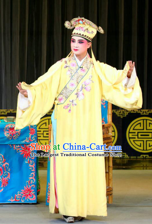 Fang You Chinese Sichuan Opera Xiaosheng Apparels Costumes and Headpieces Peking Opera Scholar Liang Shanbo Garment Niche Yellow Clothing