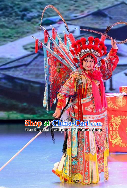 Chinese Sichuan Opera Tao Ma Tan Garment Costumes and Hair Accessories Yuan Men Zhan Zi Traditional Peking Opera Blues Mu Guiying Dress Apparels with Flags