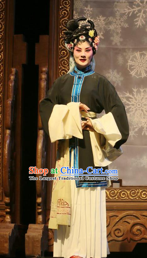 Chinese Sichuan Opera Tsing Yi Garment Costumes and Hair Accessories He Zhu Pei Traditional Peking Opera Young Female Dress Distress Maiden Jin Zhenfeng Apparels