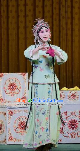 Chinese Beijing Opera Young Lady Apparels Costumes and Headpieces Traditional Peking Opera Yu Bei Pavilion Xiaodan Wang Shuying Green Dress Garment