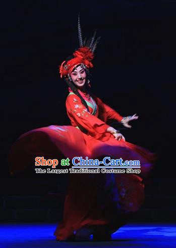 Chinese Beijing Opera Young Lady Red Apparels Costumes and Headpieces Traditional Peking Opera Love Bell Tower Hua Tan Ai Liya Dress Garment