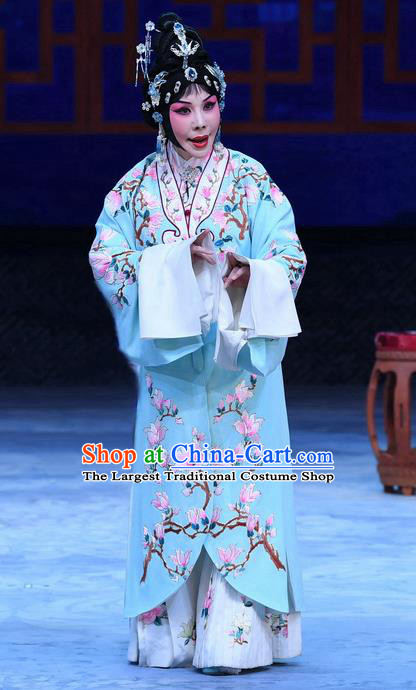 Chinese Beijing Opera Young Female Actress Apparels Costumes and Headpieces Traditional Peking Opera Hua Tan Zhu Lianxiu Blue Dress Garment