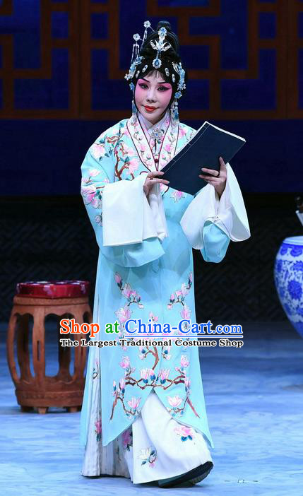 Chinese Beijing Opera Young Female Actress Apparels Costumes and Headpieces Traditional Peking Opera Hua Tan Zhu Lianxiu Blue Dress Garment