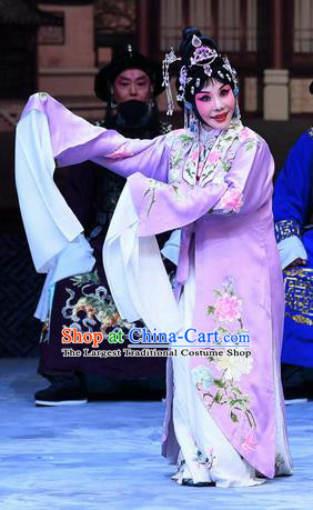 Chinese Beijing Opera Hua Tan Diva Zhu Lianxiu Apparels Costumes and Headdress Traditional Peking Opera Actress Purple Dress Garment