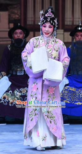 Chinese Beijing Opera Hua Tan Diva Zhu Lianxiu Apparels Costumes and Headdress Traditional Peking Opera Actress Purple Dress Garment