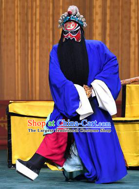 Xiangmei Temple Chinese Peking Opera Elderly Male Garment Costumes and Headwear Beijing Opera Laosheng Huang Chao Apparels Blue Robe Clothing