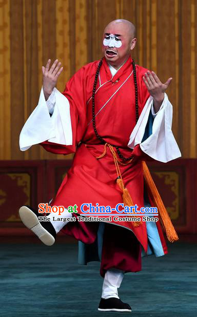 Xiangmei Temple Chinese Peking Opera Monk Liao Kong Garment Costumes Beijing Opera Chou Role Apparels Clown Red Frock Clothing