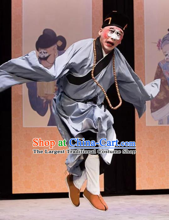 Xiangmei Temple Chinese Peking Opera Monk Liao Kong Grey Frock Garment Costumes and Headwear Beijing Opera Chou Role Apparels Clown Clothing