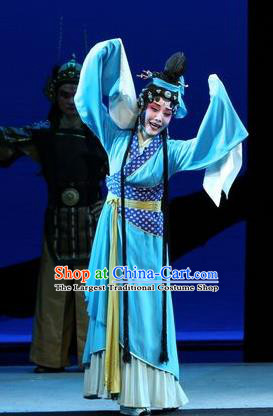 Chinese Beijing Opera Country Woman Apparels Costumes and Headdress Xin Zhui Traditional Peking Opera Han Dynasty Young Female Blue Dress Garment