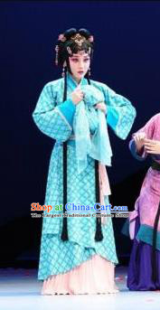 Chinese Beijing Opera Han Dynasty Young Female Apparels Costumes and Headdress Xin Zhui Traditional Peking Opera Hua Tan Blue Dress Actress Garment