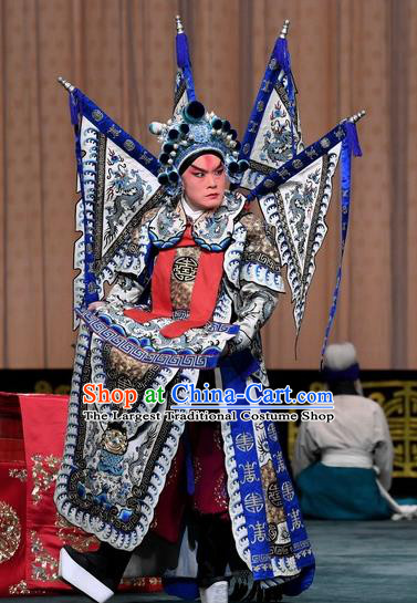 Changban Po Hanjin Kou Chinese Peking Opera Wusheng Garment Costumes and Headwear Beijing Opera Apparels Clothing General Zhao Yun Kao Armor Suit with Flags