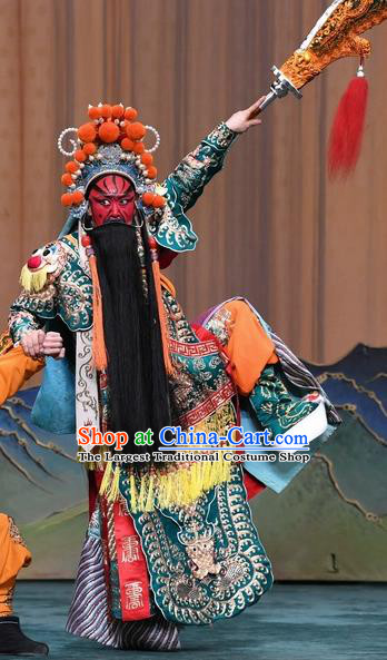 Changban Po Hanjin Kou Chinese Peking Opera General Guan Yu Armor Garment Costumes and Headwear Beijing Opera Wusheng Apparels Clothing