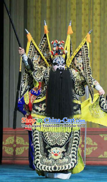 Changban Po Hanjin Kou Chinese Peking Opera General Zhang Fei Kao Armor Suit with Flags Garment Costumes and Headwear Beijing Opera Military Officer Apparels Clothing