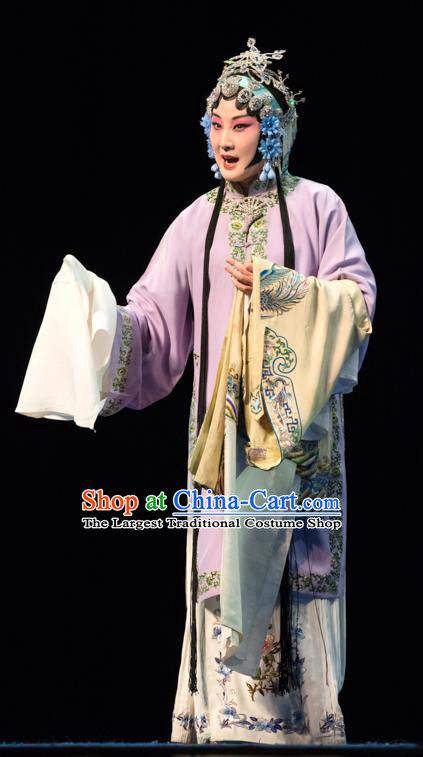 Chinese Beijing Opera Rani Gan Apparels Costumes and Headdress Changban Po Hanjin Kou Traditional Peking Opera Actress Lilac Dress Garment