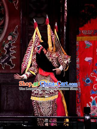 Ya Guan Tower Chinese Peking Opera Wusheng Garment Costumes and Headwear Beijing Opera General Kao Armor Suit with Flags Apparels Clothing