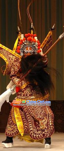 Ya Guan Tower Chinese Peking Opera Wusheng Garment Costumes and Headwear Beijing Opera General Kao Armor Suit with Flags Apparels Clothing