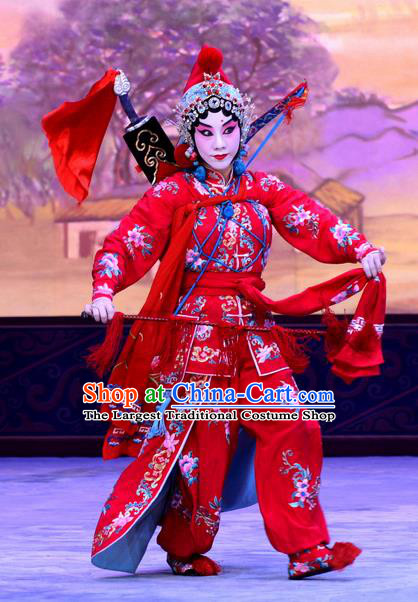 Chinese Beijing Opera Swordswoman Red Apparels Costumes and Headdress Sister Thirteen Traditional Peking Opera Hua Tan Dress He Yufeng Garment