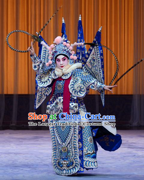 Da Ying Jie Lie Chinese Peking Opera General Kao Armor Suit with Flags Garment Costumes and Headwear Beijing Opera Takefu Kuang Zhong Apparels Clothing