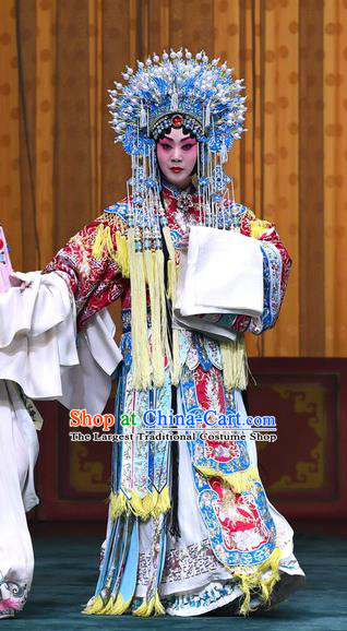 Chinese Beijing Opera Hua Tan Apparels Costumes and Headdress Sacrifice Zhao Shi Gu Er Traditional Peking Opera Princess Zhuang Ji Embroidered Dress Garment