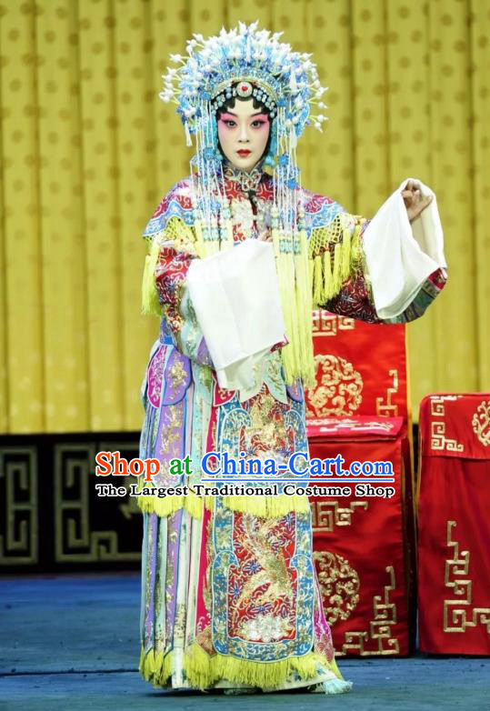 Chinese Beijing Opera Hua Tan Apparels Costumes and Headdress Sacrifice Zhao Shi Gu Er Traditional Peking Opera Princess Zhuang Ji Embroidered Dress Garment