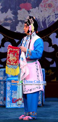 Chinese Beijing Opera Maidservant Apparels Costumes and Headdress The Unicorn Purse Traditional Peking Opera Xiaodan Dress Servant Female Garment