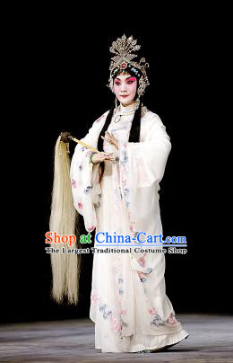 Chinese Beijing Opera Hua Tan Apparels Costumes and Headpieces Tai Zhen Wai Zhuan Traditional Peking Opera Taoist Nun White Dress Garment