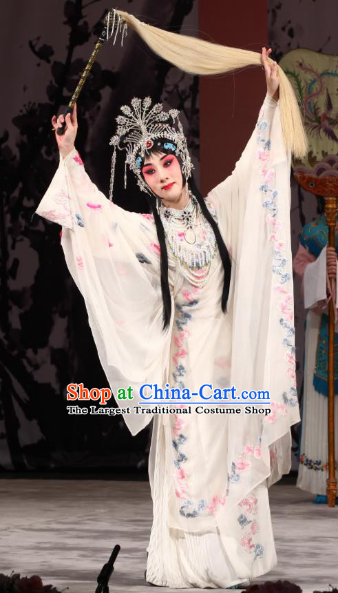 Chinese Beijing Opera Hua Tan Apparels Costumes and Headpieces Tai Zhen Wai Zhuan Traditional Peking Opera Taoist Nun White Dress Garment