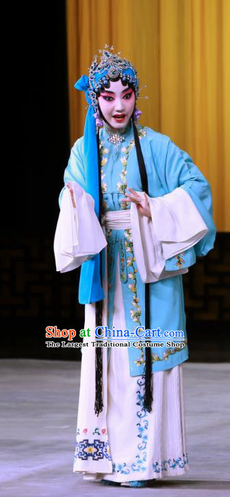 Chinese Beijing Opera Young Female Jiang Qiulian Apparels Costumes and Headpieces Chun Qiu Pei Traditional Peking Opera Tsing Yi Blue Dress Garment