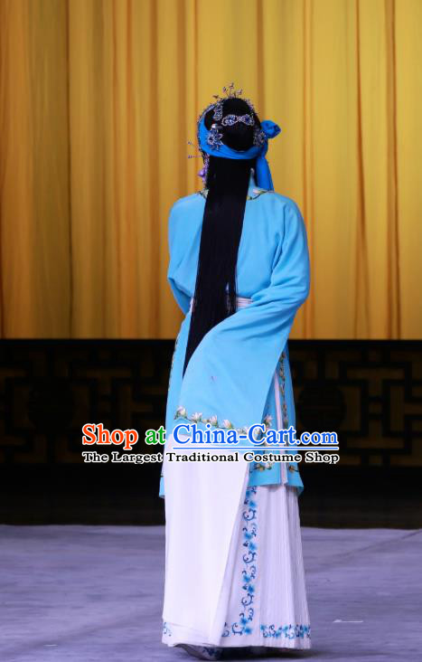 Chinese Beijing Opera Young Female Jiang Qiulian Apparels Costumes and Headpieces Chun Qiu Pei Traditional Peking Opera Tsing Yi Blue Dress Garment