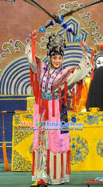 Chinese Beijing Opera Swordswoman Xi Shi Apparels Costumes and Headdress Traditional Peking Opera Actress Pink Dress Garment