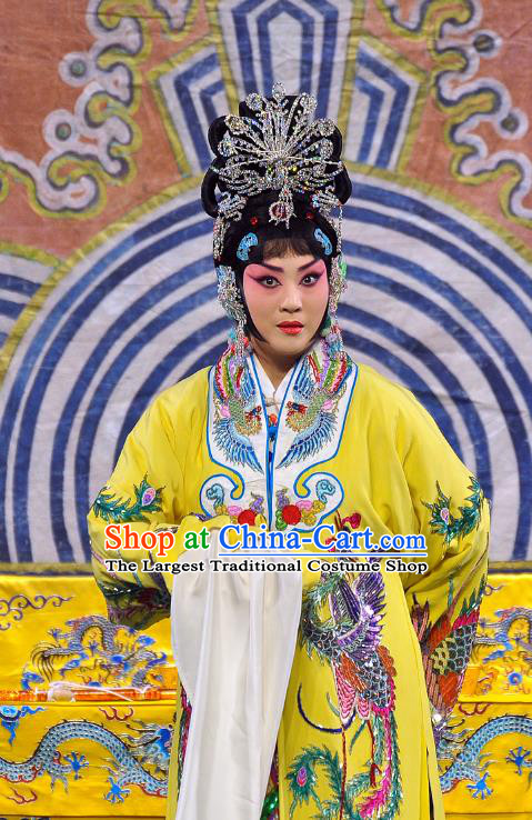 Chinese Beijing Opera Diva Xi Shi Apparels Costumes and Headdress Traditional Peking Opera Actress Yellow Dress Imperial Consort Garment